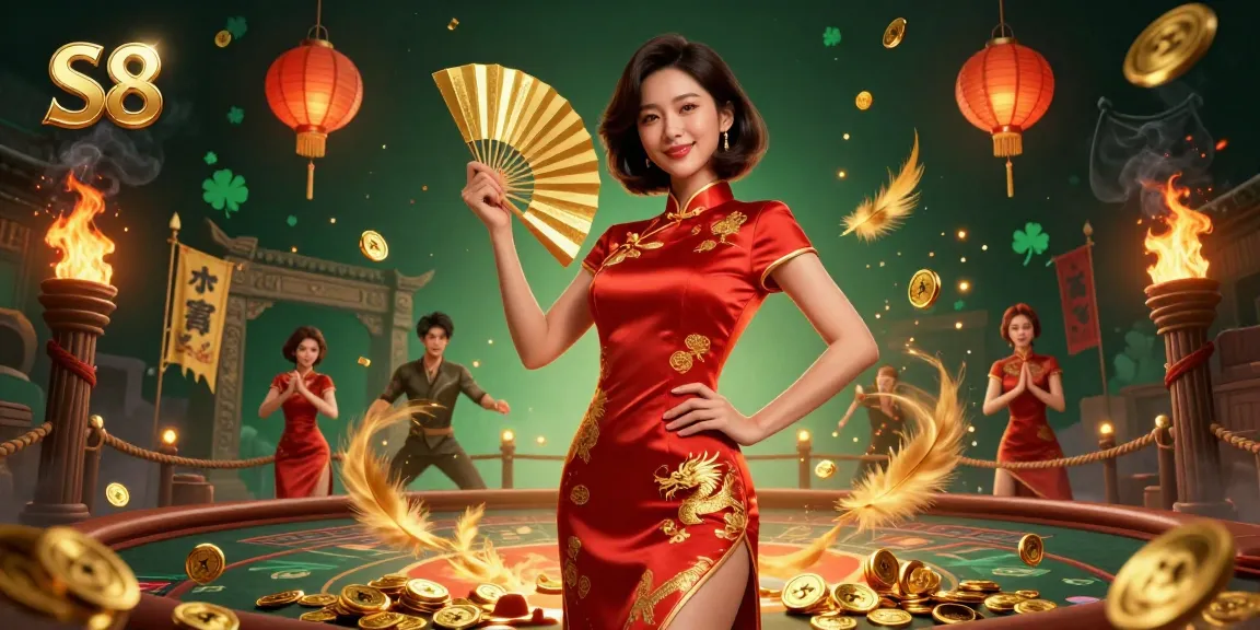S8 offers thrilling gaming action with a radiant Asian woman, golden coins, and dynamic casino elements.
