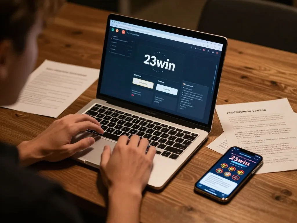 Playing on 23win link with laptop for poker strategies and betting notes at home.