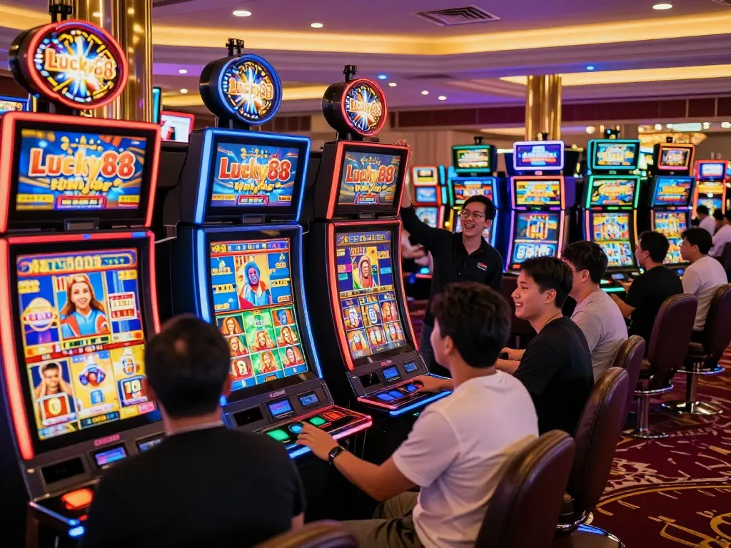 Players celebrating wins on the Lucky88 slot machines in a lively casino atmosphere.