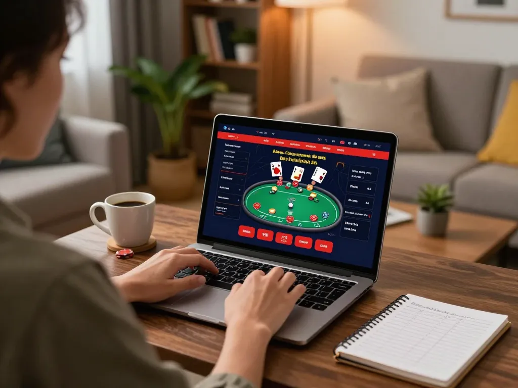 Engaging online casino gaming setup with https://hd88.london/ showcased on laptop screen displaying poker play and strategy notes.