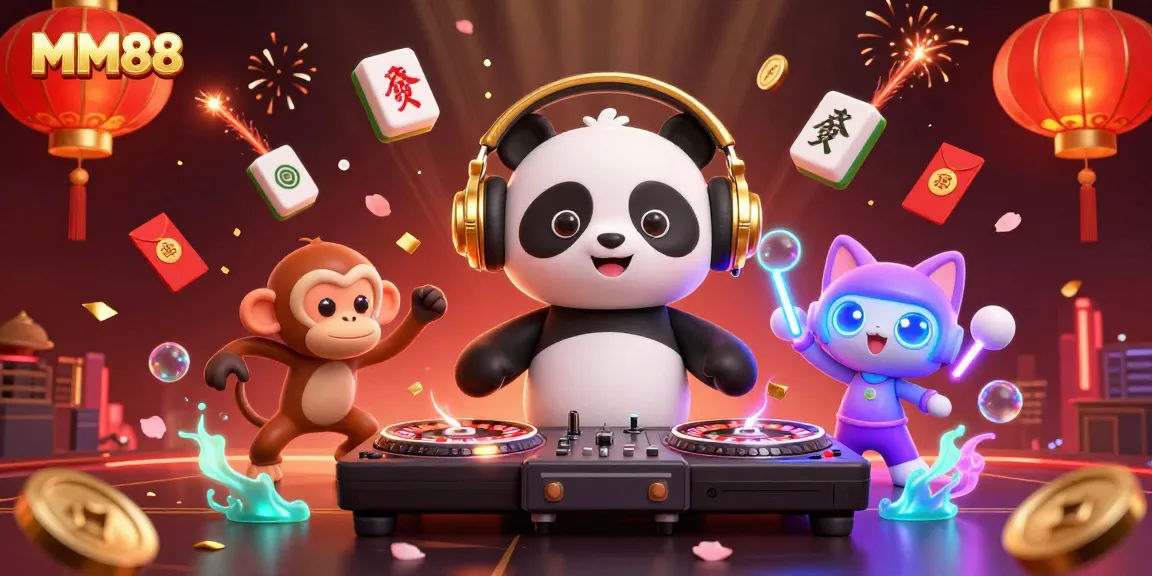 Win big with MM88 in a vibrant illustration of casino fun featuring DJ panda, monkey, and kitten