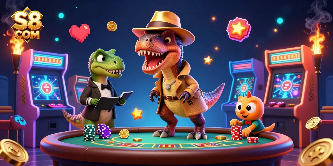 S8 COM showcases a cartoon velociraptor card counter at a blackjack table with a diverse game atmosphere.