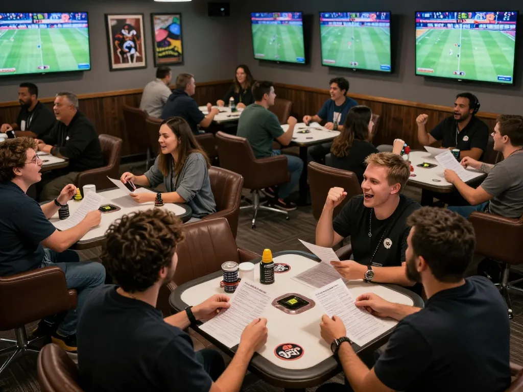 Patrons engaging in sports betting excitement at https://rr88.gratis/ lively sports lounge, analyzing game stats.