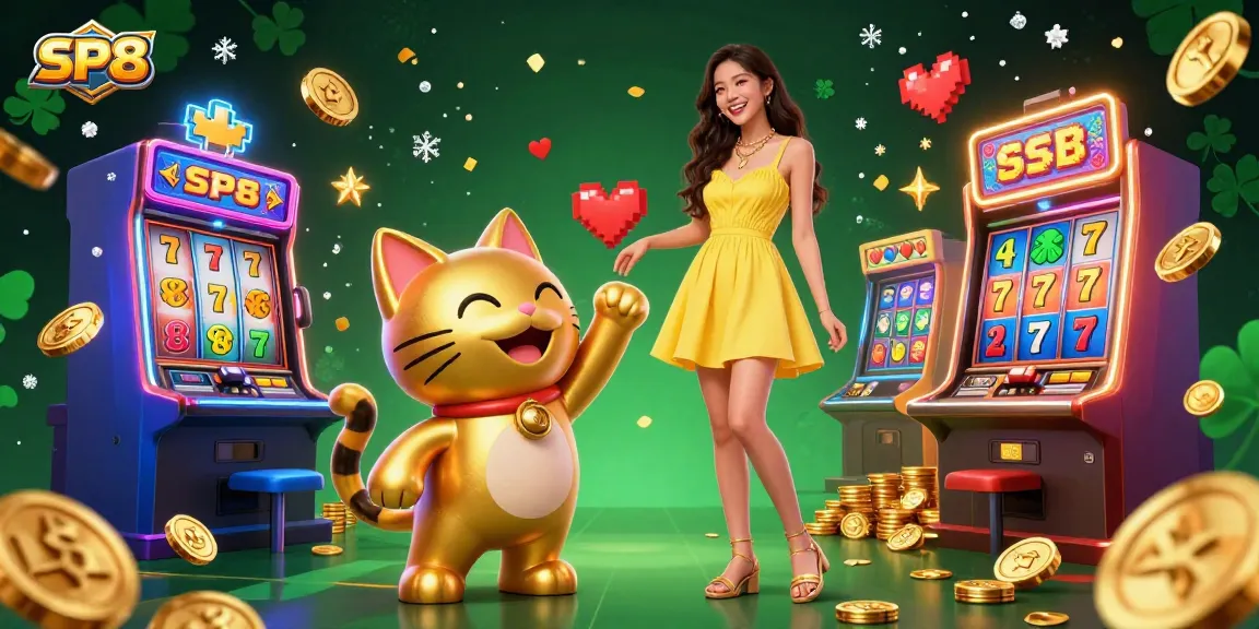 Engage with SP8 in a vibrant casino scene filled with slots, golden coins, and cheerful characters.