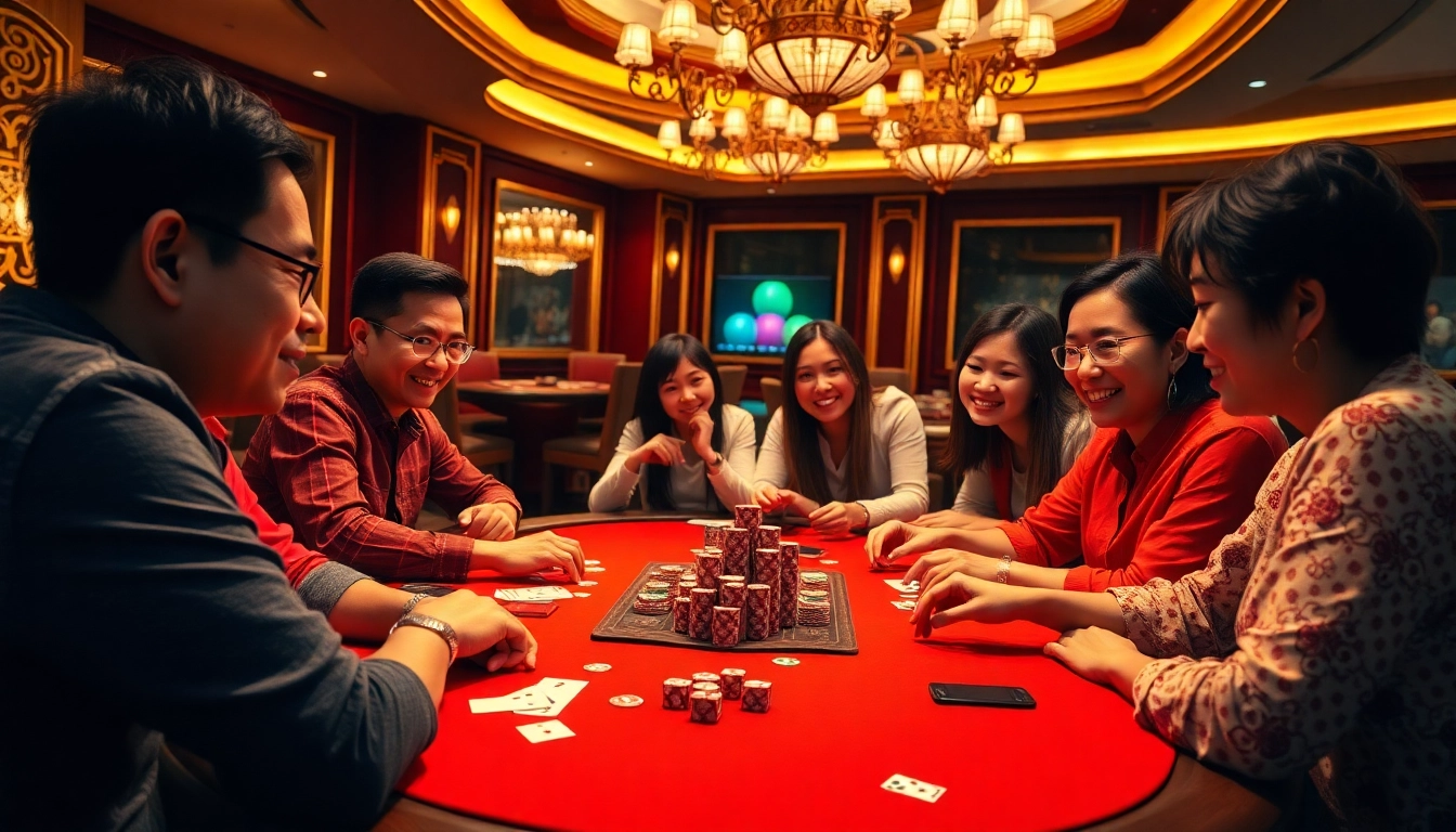 A thrilling game đánh bài đổi thưởng scene with players strategizing at a vibrant casino table.