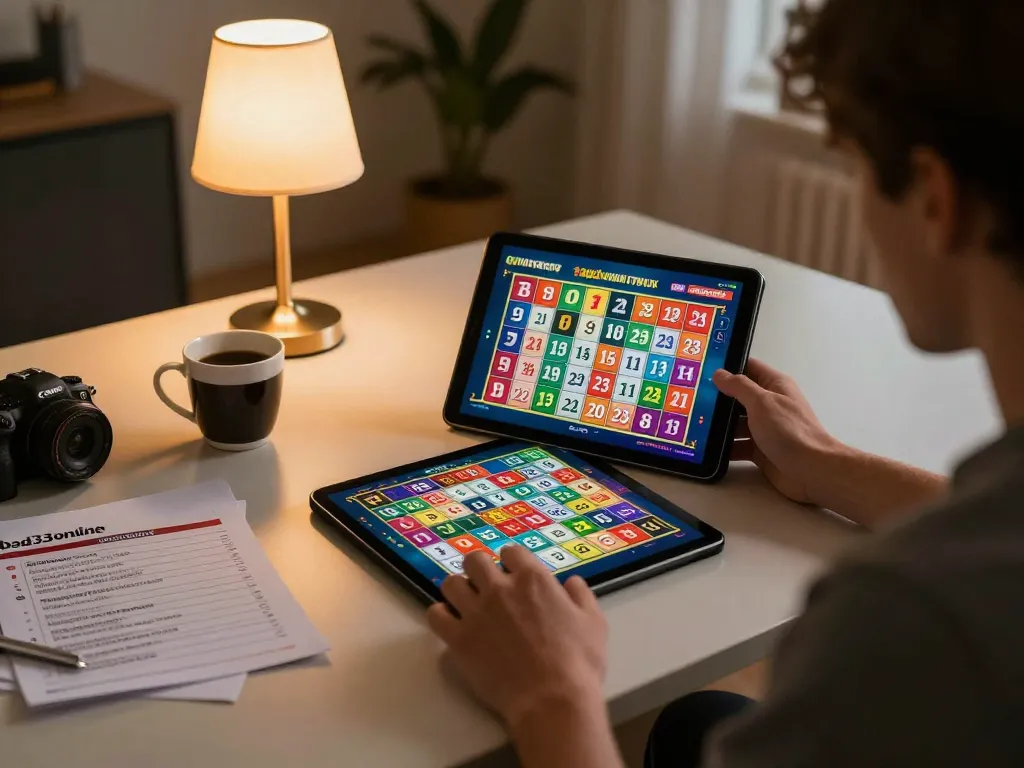 Player enjoying Keno on bgd33online in a cozy home setting with strategy notes and coffee