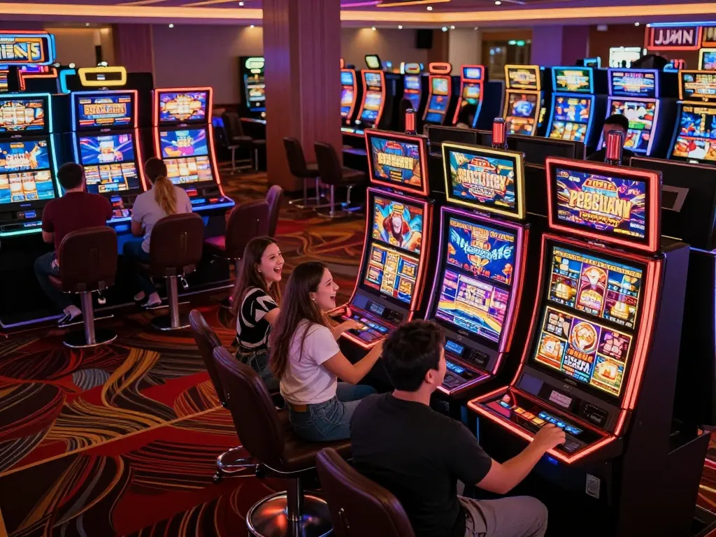 Players enjoying vibrant slot machines at JJNN's modern casino, capturing an exciting gaming atmosphere
