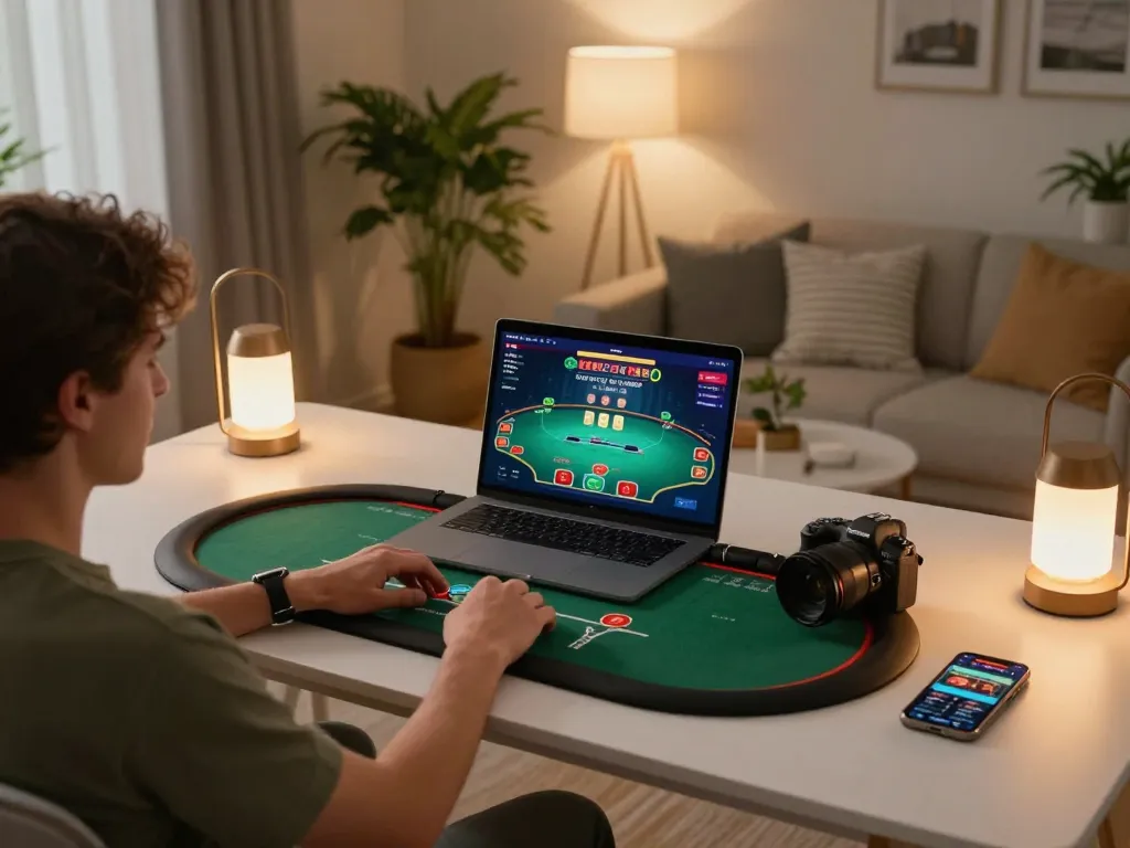 Engaging with top online gambling strategies at https://uk88.ru.com/ in a cozy home setup, laptop displaying poker game.