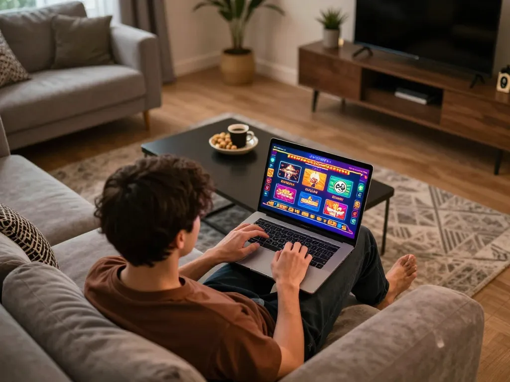 Engaged player enjoying sin88 online casino games on laptop in cozy living room setting.