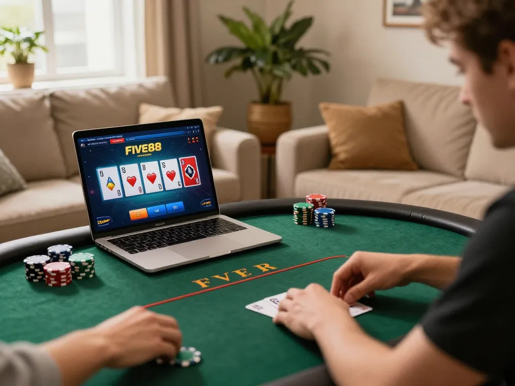 Engaging player enjoying Five88 poker game on laptop in cozy home setting