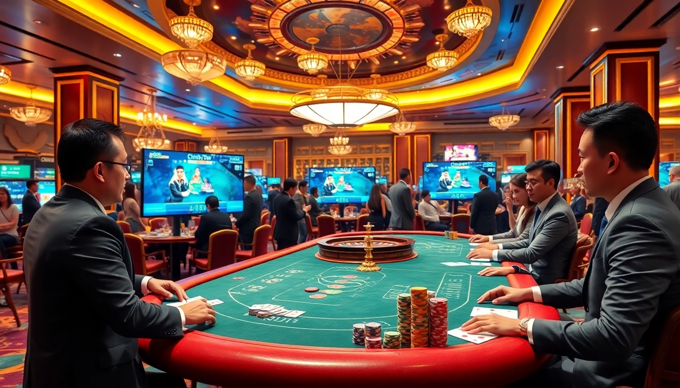Excited players betting on đá gà trực tiếp in a vibrant casino setting.
