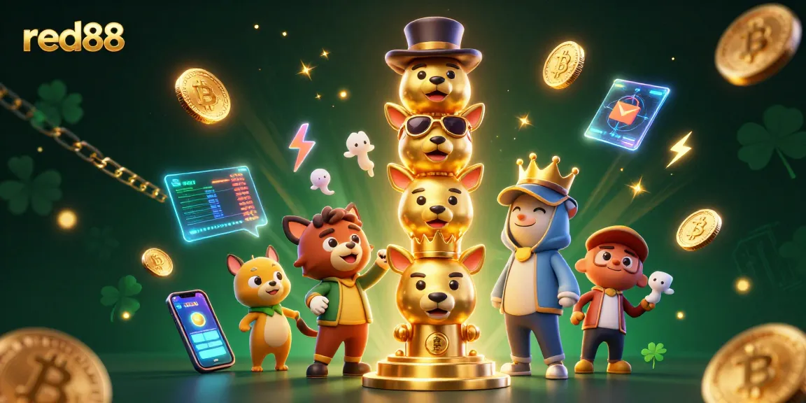Engage with the dynamic red88 casino scene showcasing a golden totem pole amidst vibrant cryptocurrency elements.