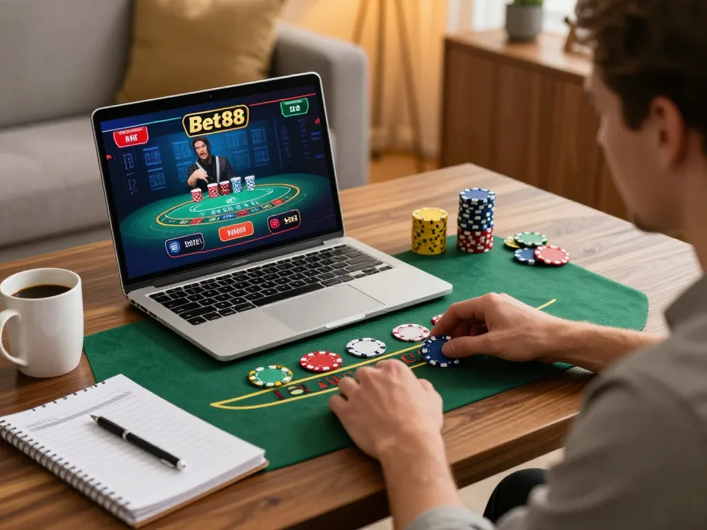 Player engaged in live dealer blackjack game on Bet88 while managing bankroll at home