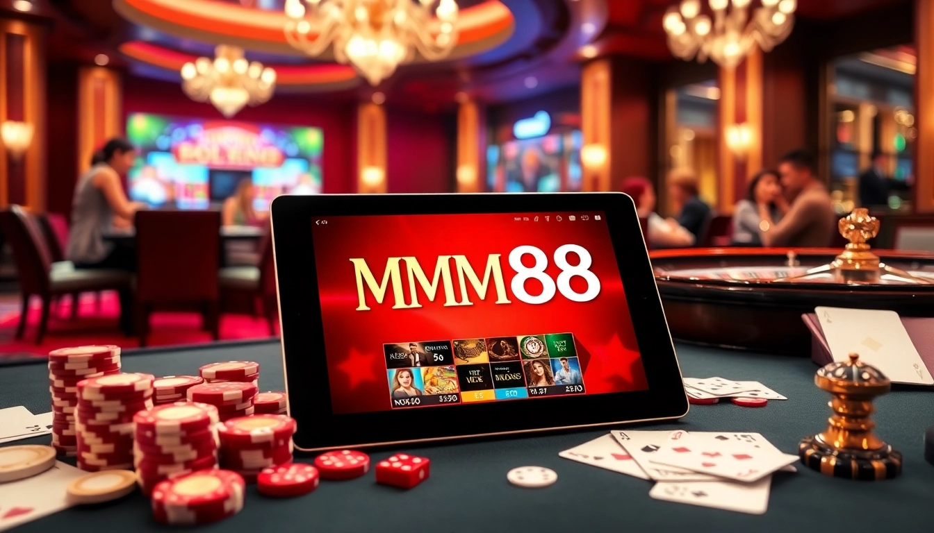 Experience the excitement of MM88 with poker chips and cards in a luxurious casino setting.