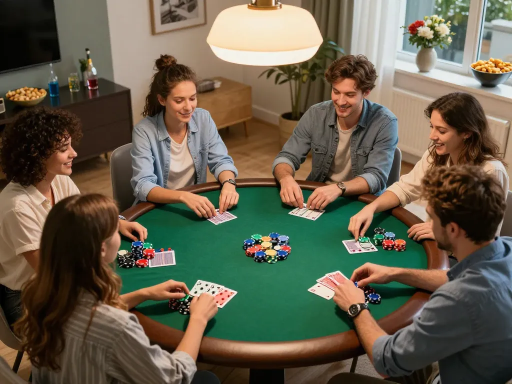 Friends enjoying LLWIN poker night with colorful chips and cards in a cozy atmosphere.