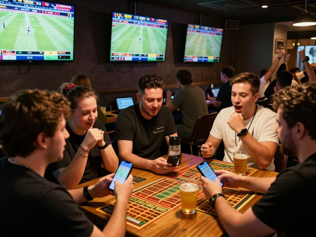 Experience thrilling sports betting with LV88 at a vibrant bar filled with cheering fans and live game screens.
