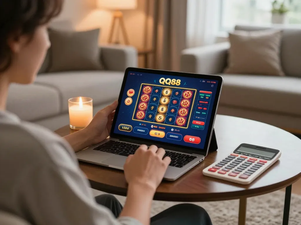 Engaged player exploring QQ88 gaming features on tablet in a cozy living room.