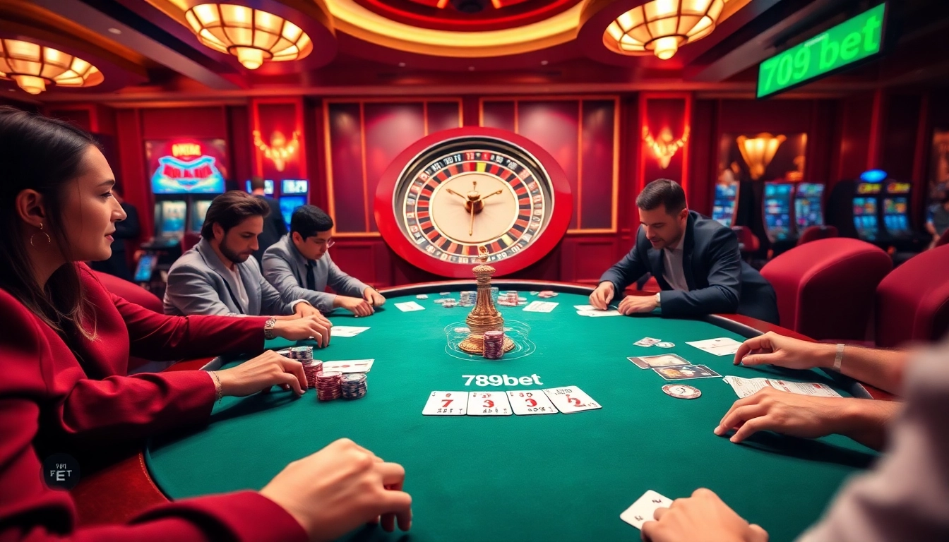 Engaged players enjoying poker at a luxurious 789bet casino table with chips and cards.