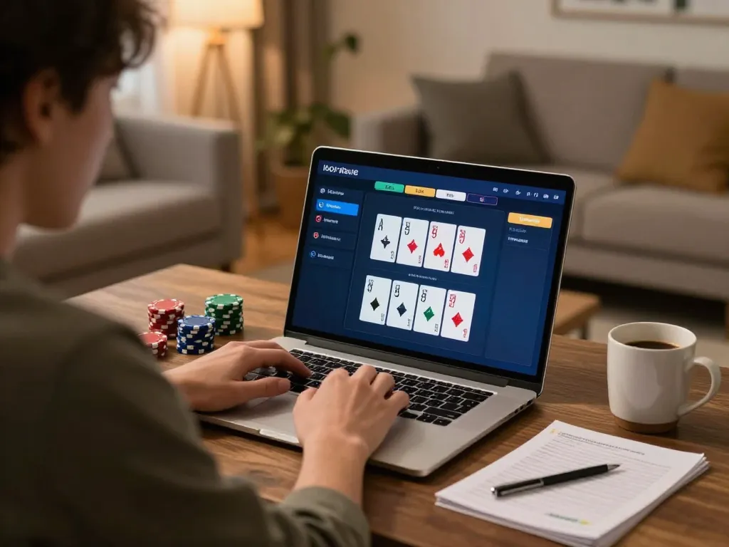 Player engaging in an exciting poker game using gen-e online gaming platform in a cozy home setting