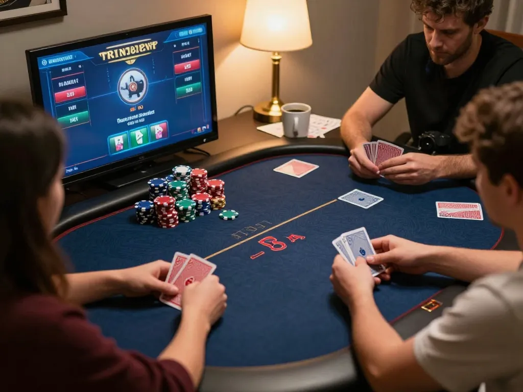 Players engaging in an online poker game at home on 13win.com, showcasing strategy notes and an inviting atmosphere.
