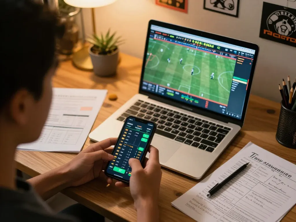 Engaged in online sports betting with ty le keo nha cai odds displayed on smartphone and laptop.