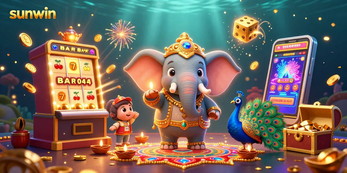 Spin and win big with sunwin's vibrant 3D casino illustration, showcasing jackpot excitement and colorful game elements.