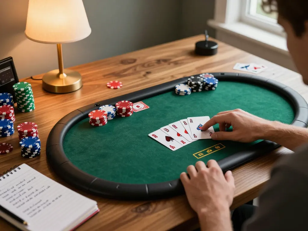 MMOO player strategizing poker bets on tablet, showcasing colorful chips in cozy environment
