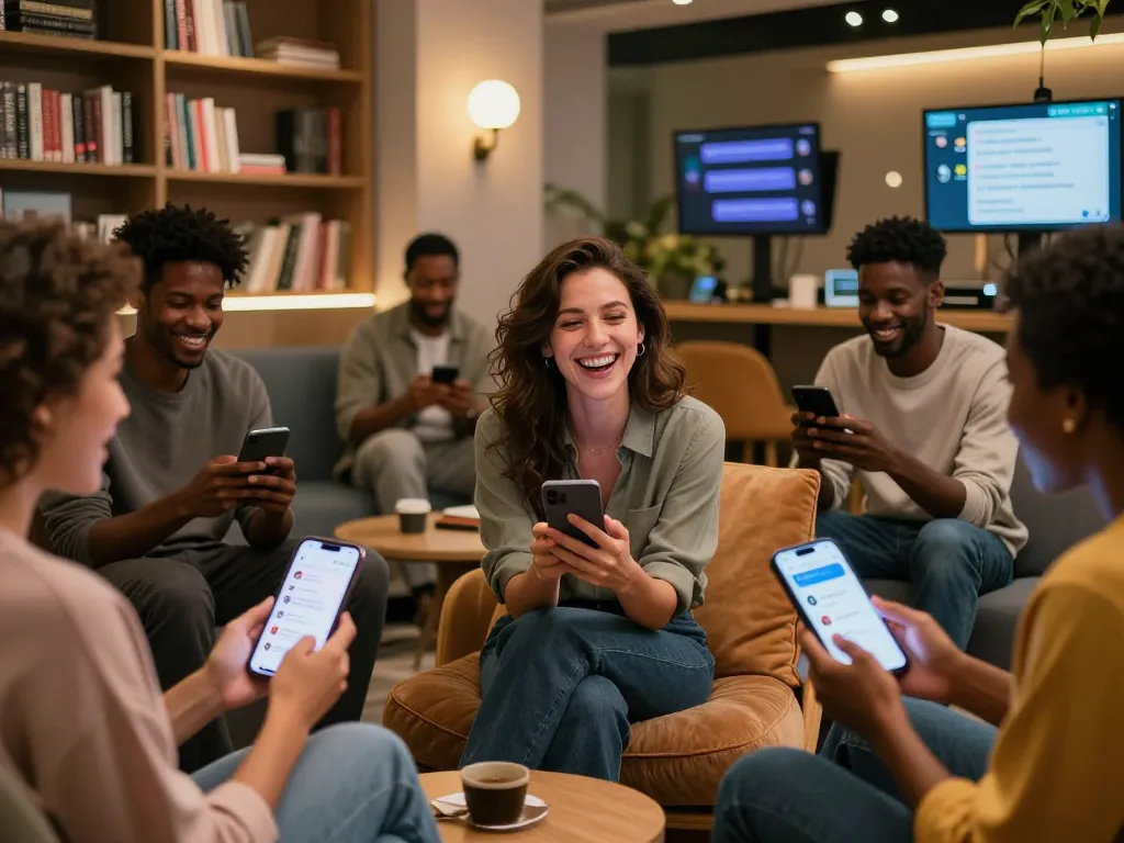 Interactive chat scene with diverse individuals using AI chatbots in a modern lounge, highlighting ai chat porn.