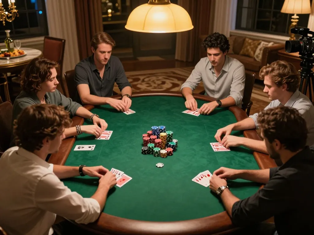 Engaged players strategizing in a home poker game while experiencing 789 win moments of excitement.