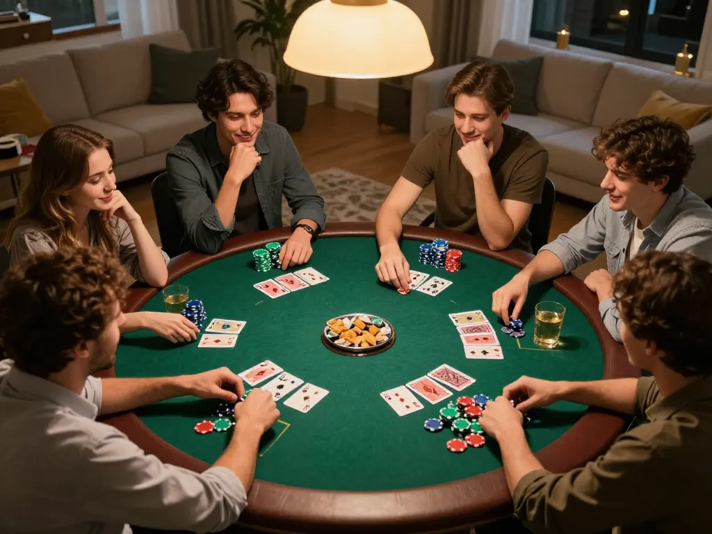 Exciting poker night with friends enjoying game đánh bài, chips and cards spread out on a felt table.