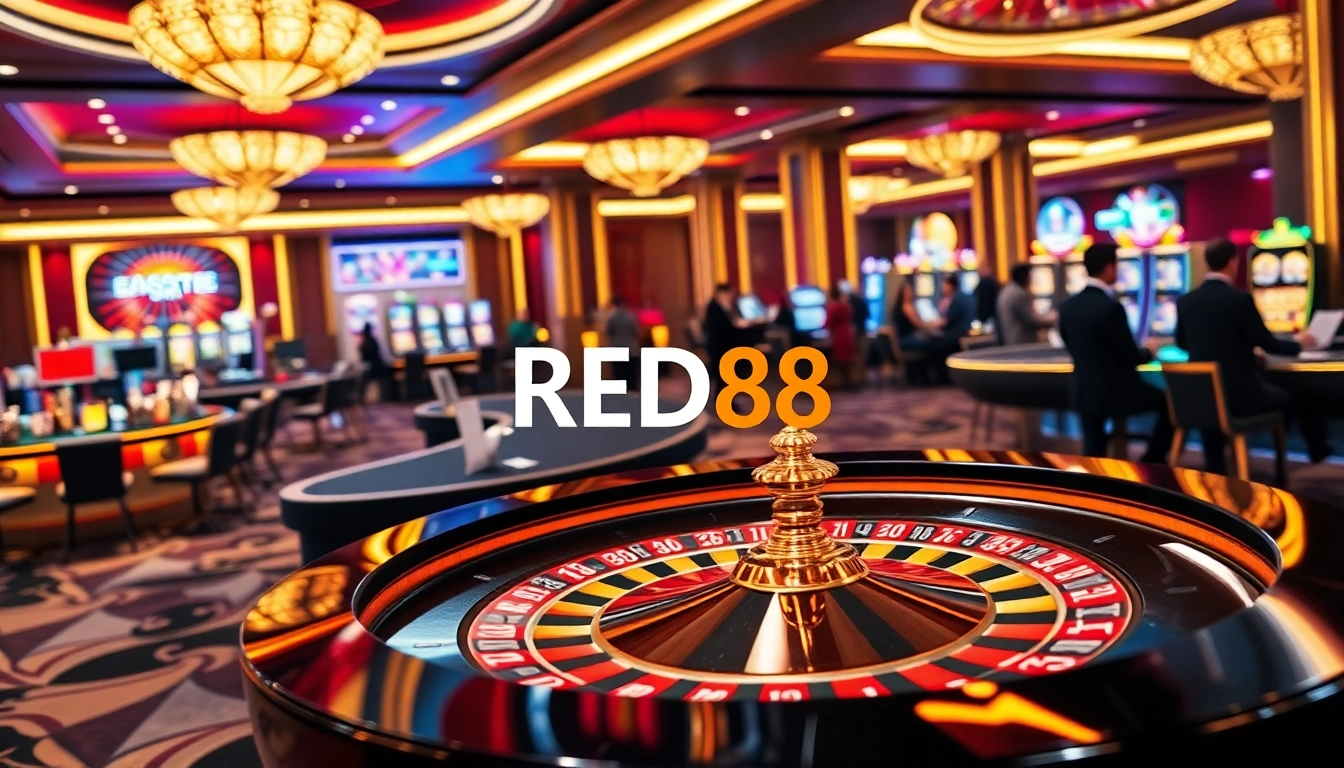 RED88 casino enthusiasts enjoying vibrant gameplay at roulette and slot machines.