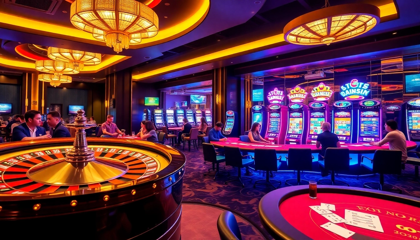 Experience the thrilling atmosphere of tg88 casino with vibrant tables, roulette wheels, and excited players.