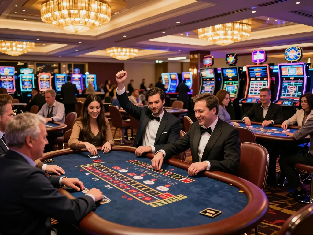 Exciting gaming moments at KKWIN's casino floor showcasing blackjack and poker tables full of players.