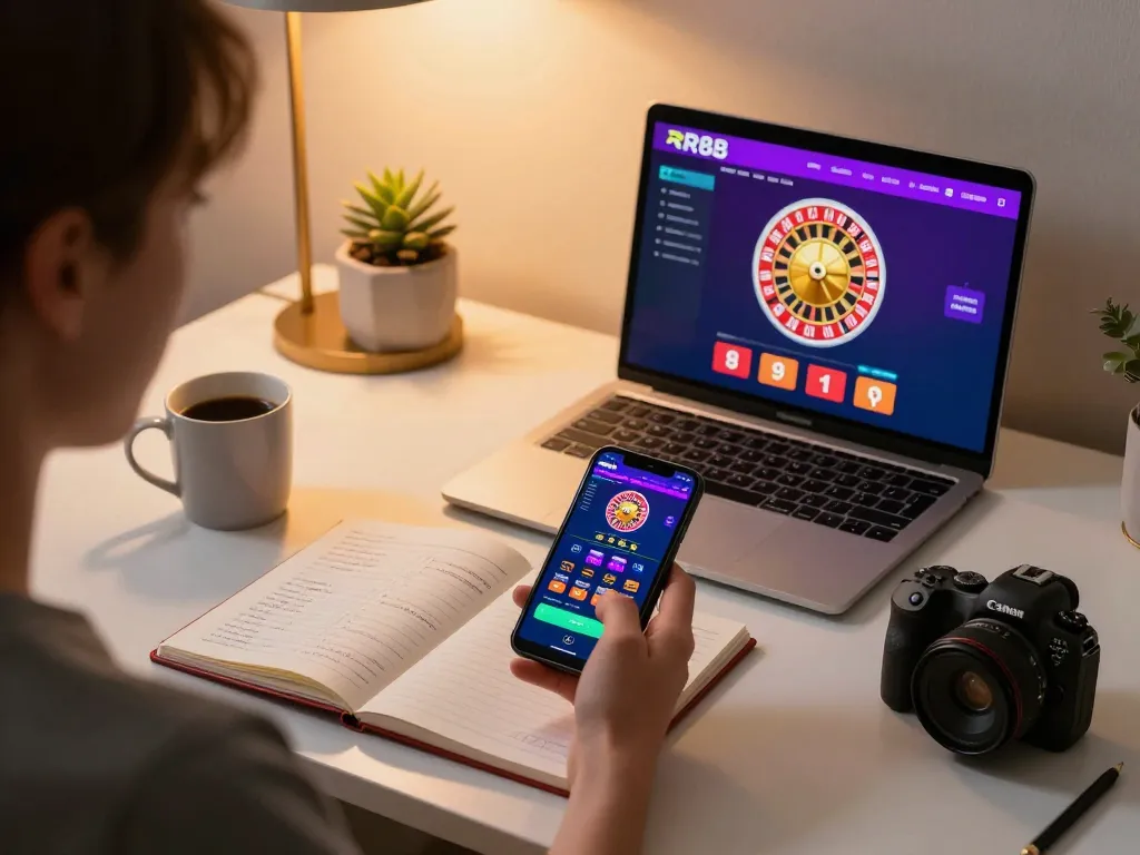 Experience responsible online gambling with RR88 on a mobile app in a cozy home office setting.