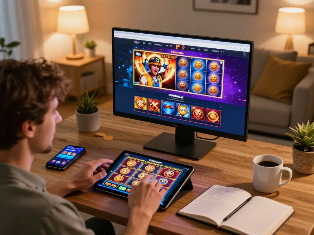Player engaging with Nhà cái ok8386 slot games on a tablet at home, showcasing interactive gambling.