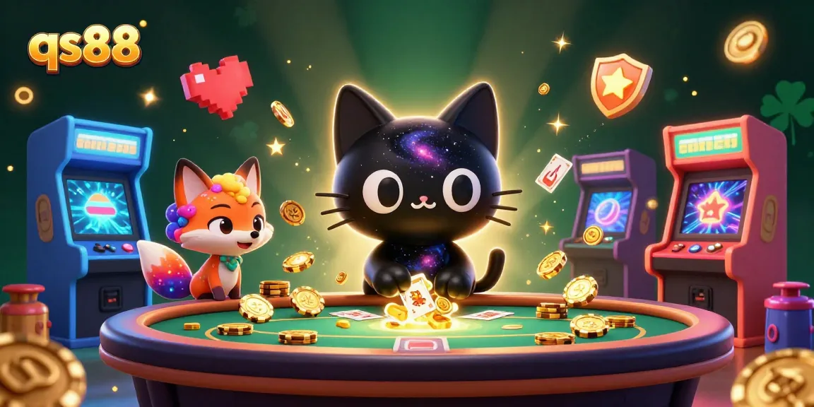Engage in thrilling gameplay at qs88 with a dynamic casino scene featuring vibrant characters and gambling elements.