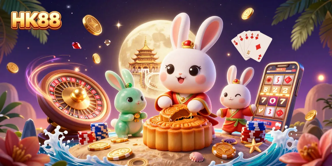 Experience the thrill of HK88 with a festive moon rabbit and casino elements.