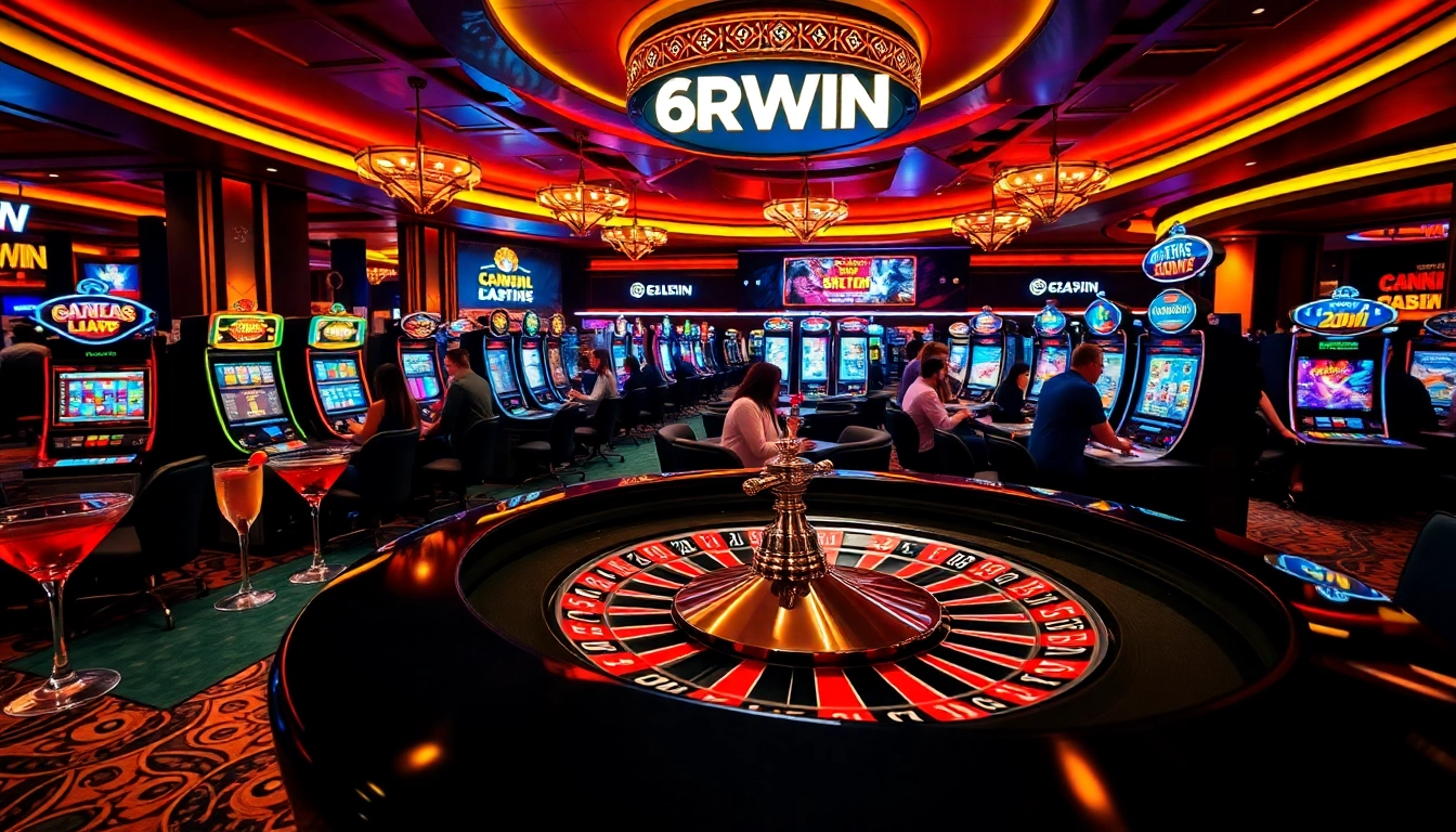 Engaging casino atmosphere showcasing 6RWIN excitement with roulette table and vibrant slot machines.