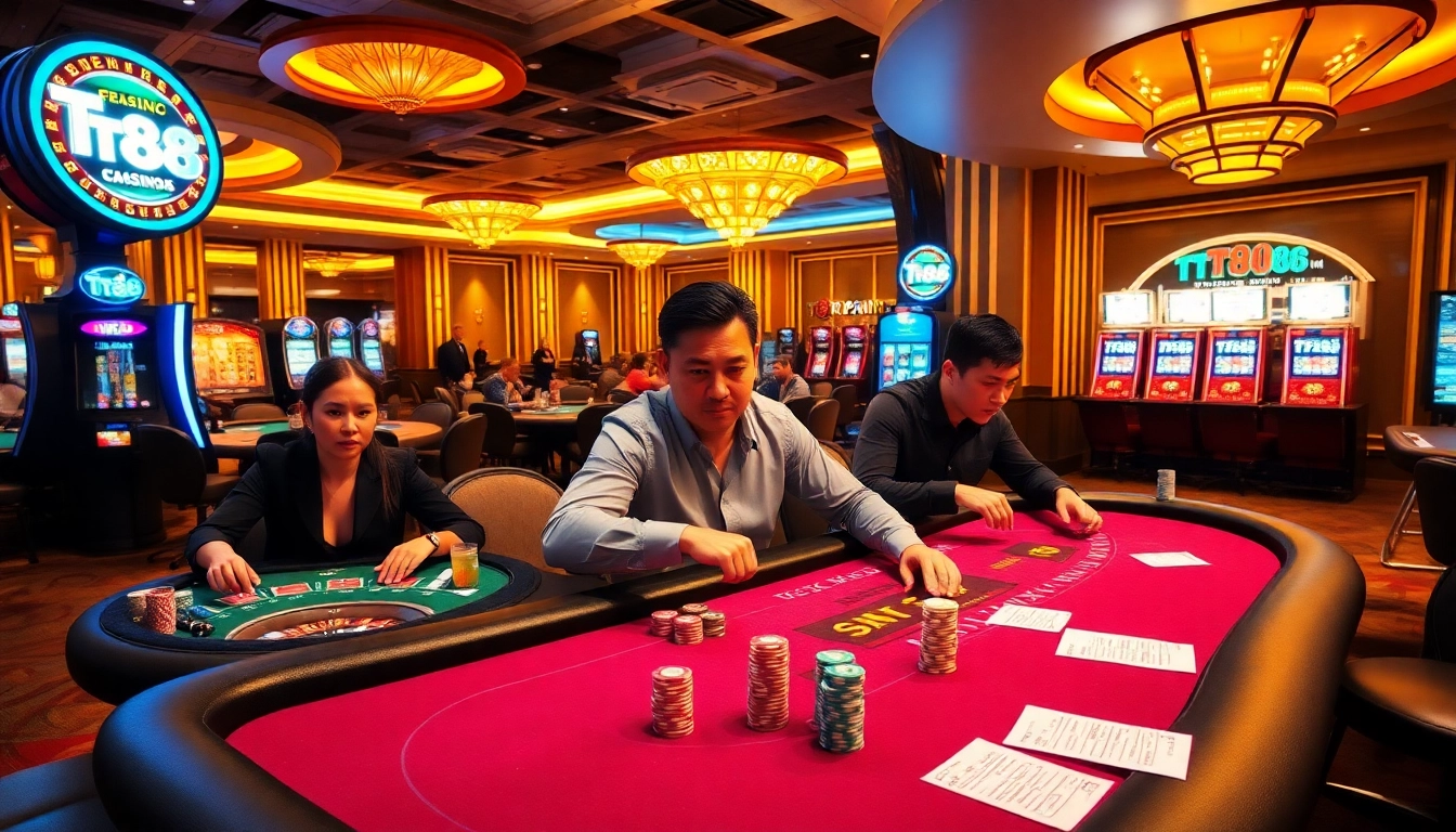 TT88 casino scene with players at poker tables and vibrant slot machines, capturing the excitement of gambling.