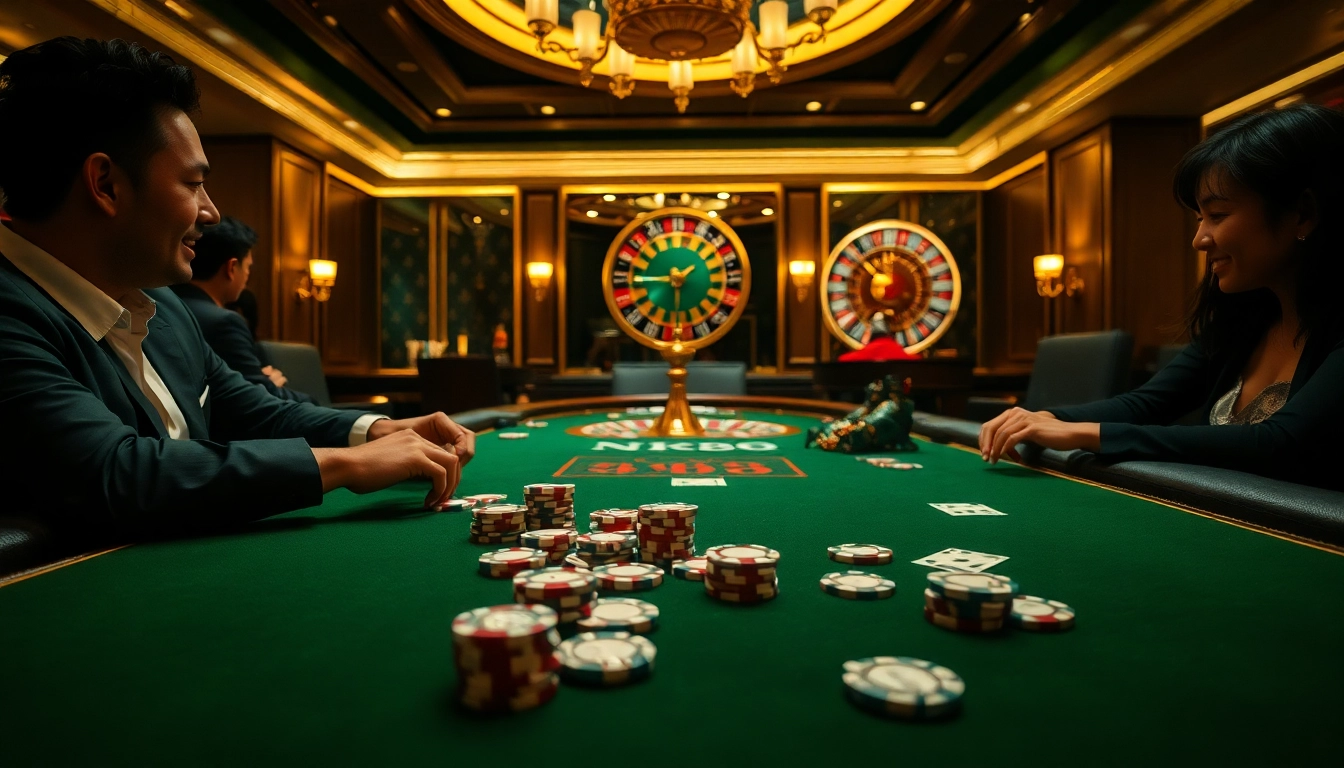 Exciting casino scene with NK88-themed poker action, luxury ambiance, and engaged players.