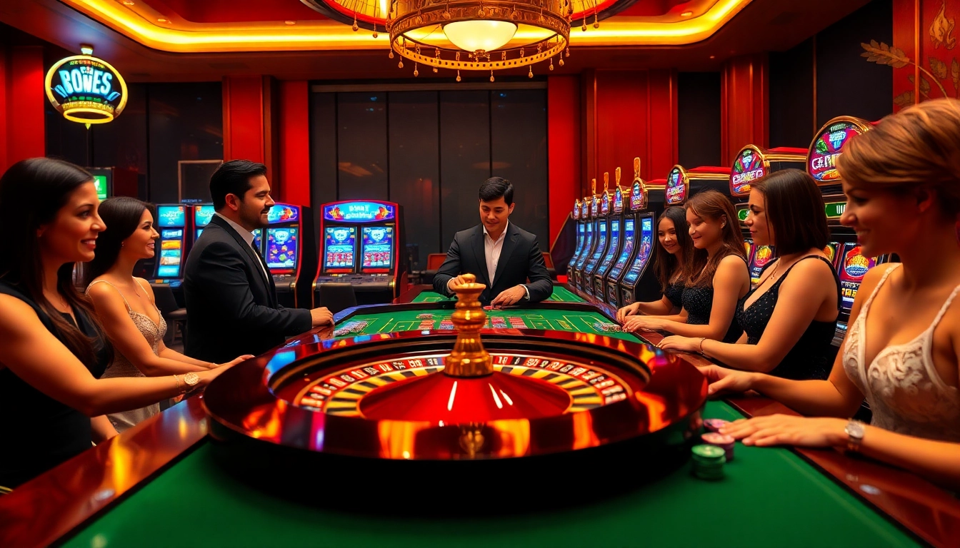 An exciting casino atmosphere at https://bj881.it.com/ showcasing players engaged in thrilling betting action, vibrant slot machines, and a shining roulette wheel.