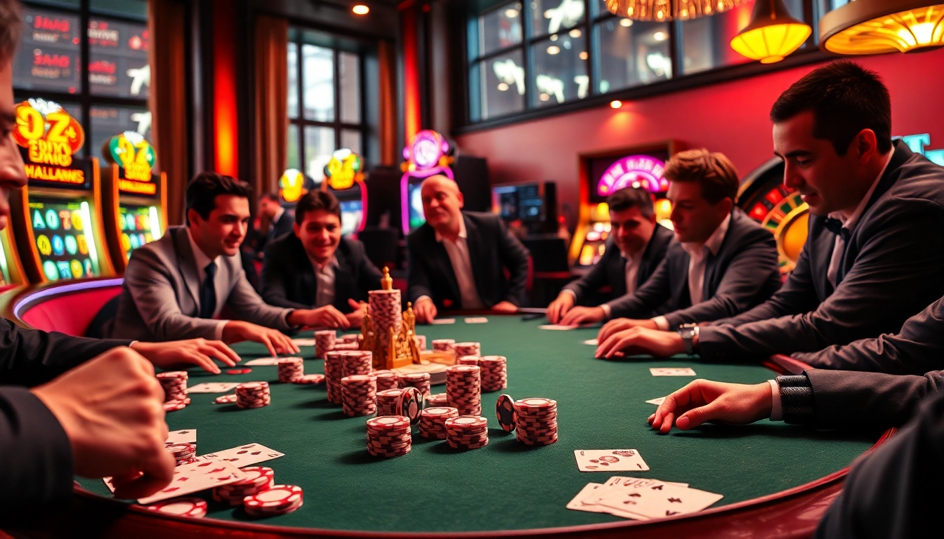 Engage with the vibrant thabet link scene featuring a high-energy poker table surrounded by players.