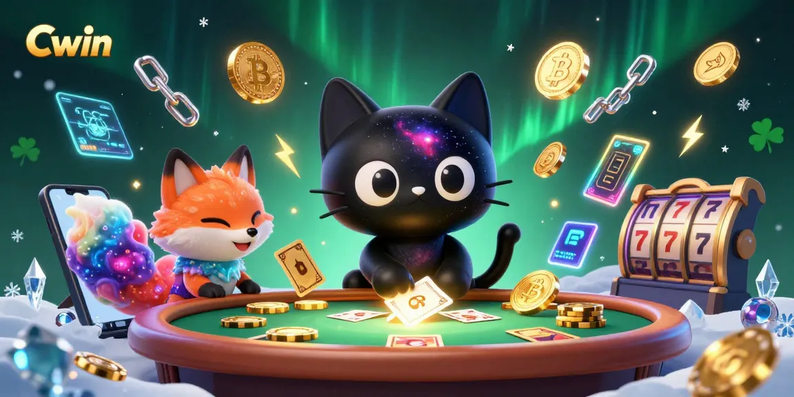 Cwin casino scene with a playful black hole cat attracting chips and cards in a vibrant cosmic setting.