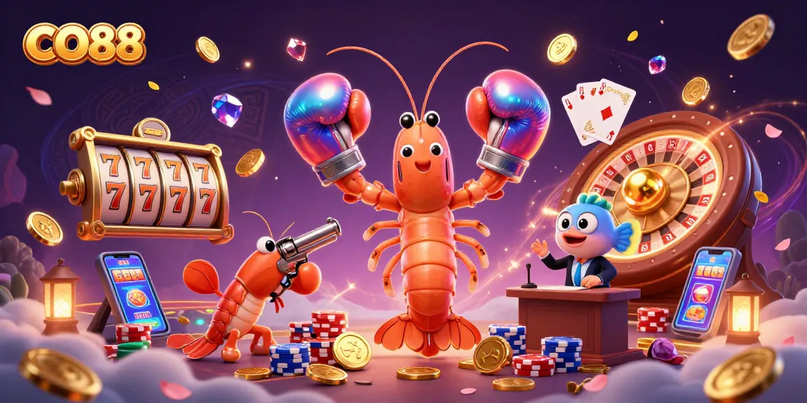 Experience thrilling gameplay with CO88 as the cartoon mantis shrimp and friends celebrate cash wins amidst gold coins and cards.