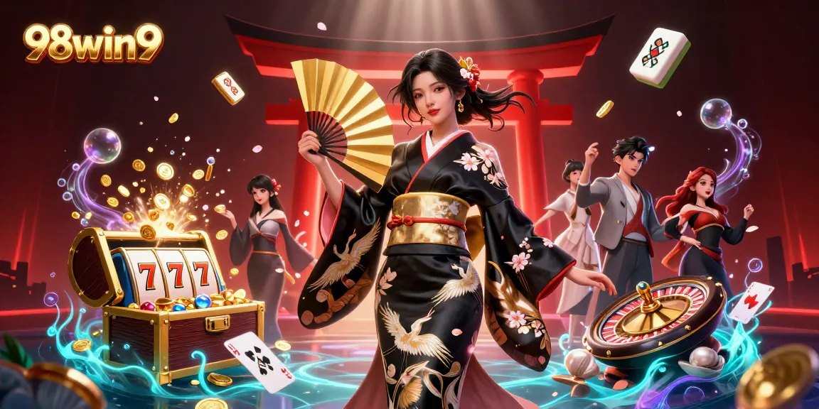 Experience thrilling gameplay at 98win9 with a vibrant casino scene showcasing exciting games and a stunning character.