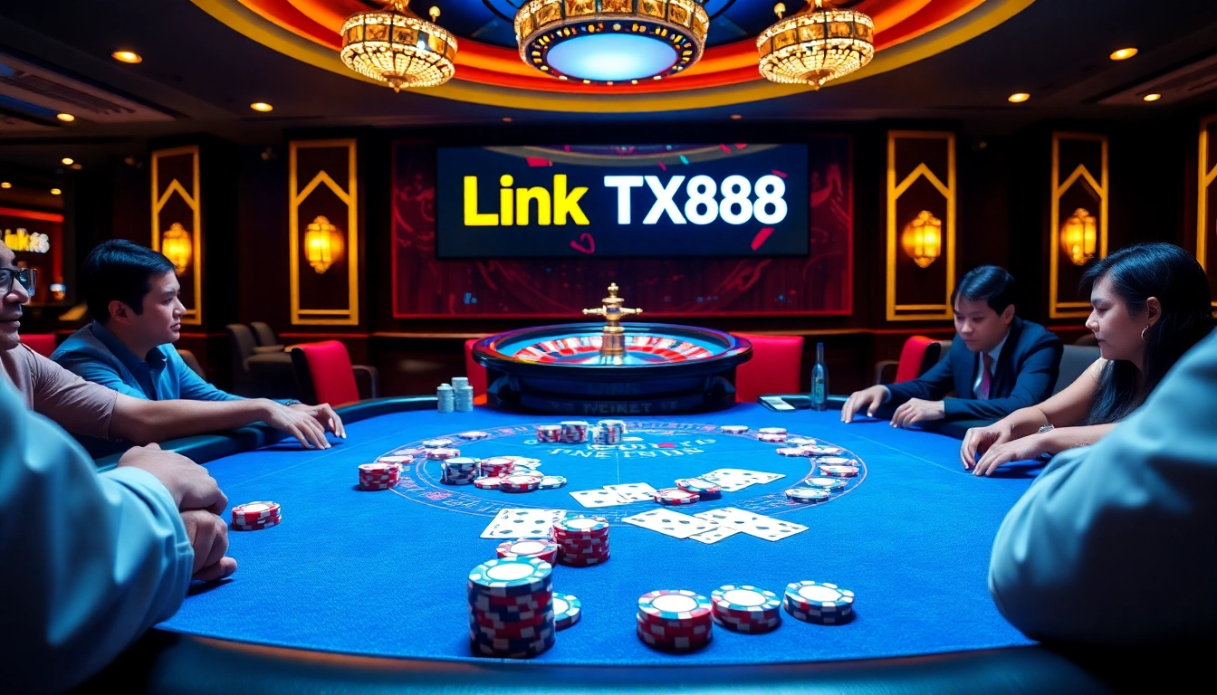 Engage in thrilling gameplay at Link TX88 casino with vibrant poker chips and cards.