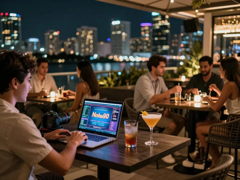 Nohu90 players engaging in online gaming at a luxurious rooftop bar, showcasing vibrant atmosphere.