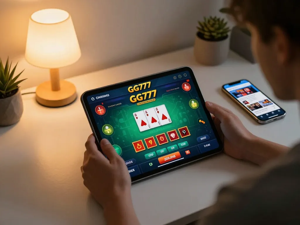 Engaging GG777 gaming session on tablet showing dynamic blackjack gameplay at home