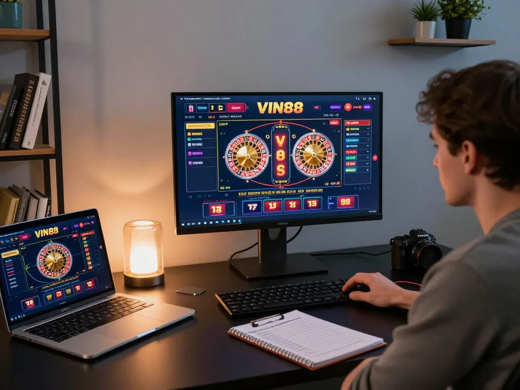 Engaging player navigating the VIN88 online casino interface for strategic betting decisions