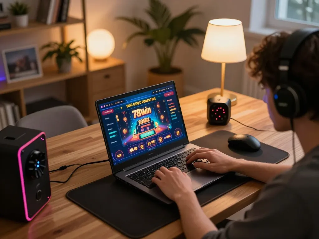 Engaging gameplay on 78win casino platform from a comfortable home setup, showcasing strategic online gambling.